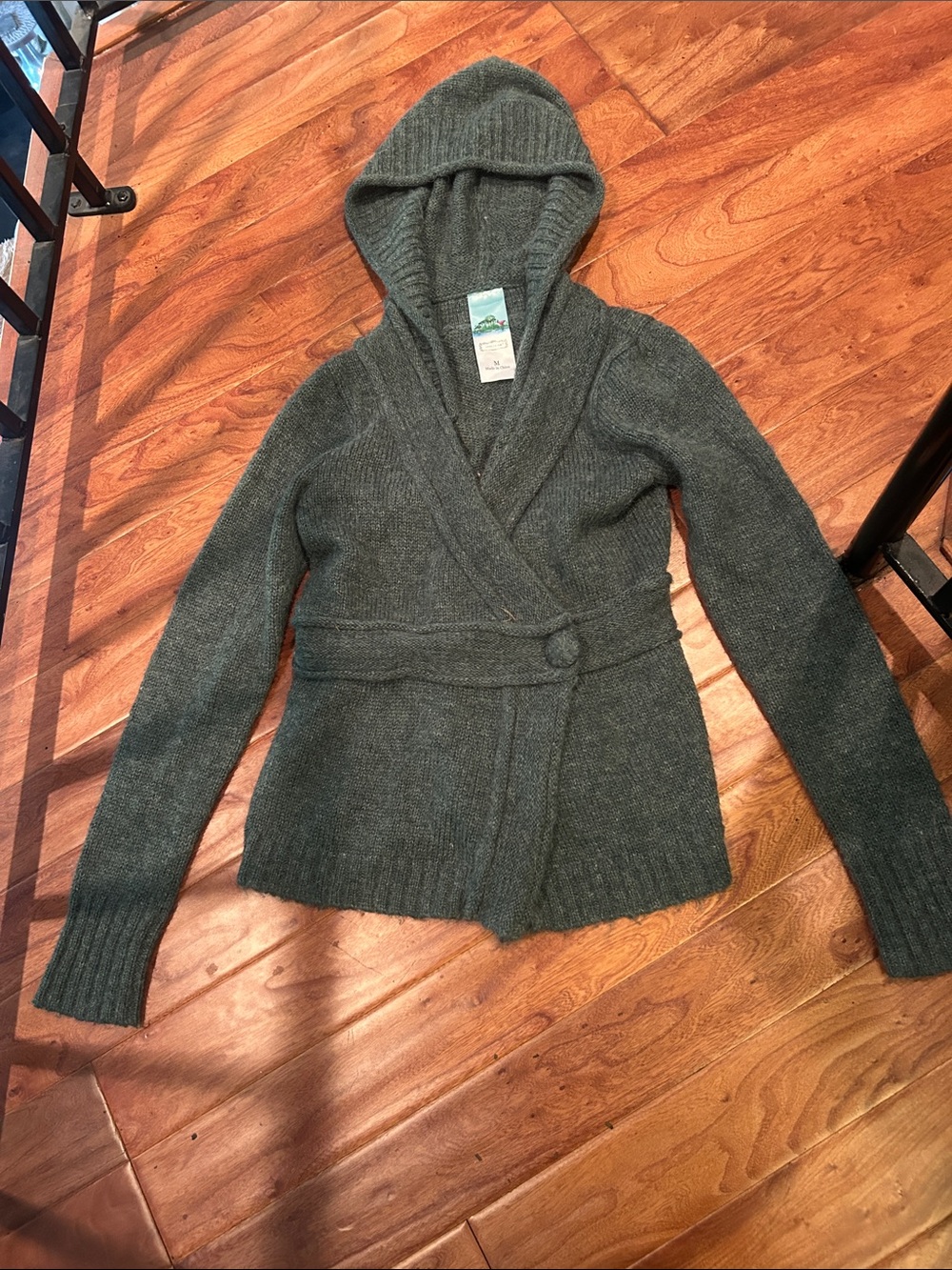 Aphorism Green Knit Cardigan Sweater W/ Hoodie Size Medium
